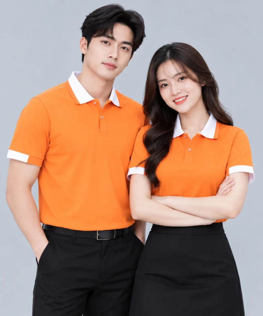 Áo Polo Đồng Phục Màu Cam Cổ Phối Trắng Viền Tay Trắng