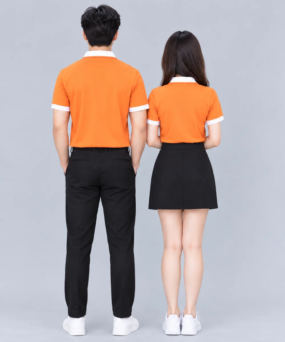 Áo Polo Đồng Phục Màu Cam Cổ Phối Trắng Viền Tay Trắng