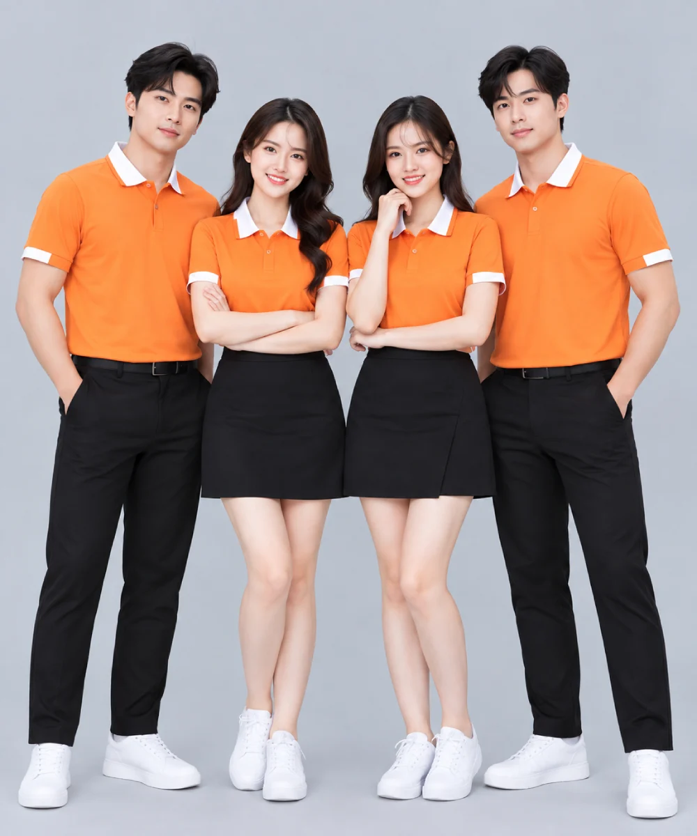 Áo Polo Đồng Phục Màu Cam Cổ Phối Trắng Viền Tay Trắng
