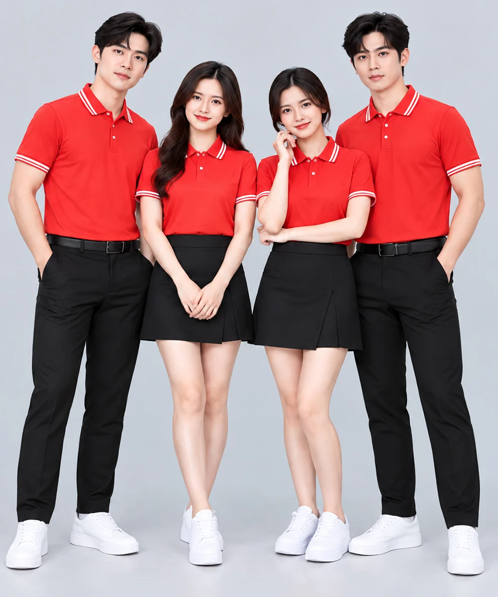Áo Polo Đồng Phục Màu Đỏ Phối 2 Viền Trắng Cổ Tay