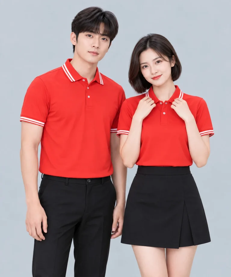 Áo Polo Đồng Phục Màu Đỏ Phối 2 Viền Trắng Cổ Tay