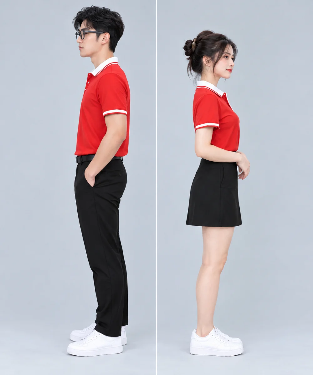 Áo Polo Đồng Phục Màu Đỏ Phối Cổ Trắng