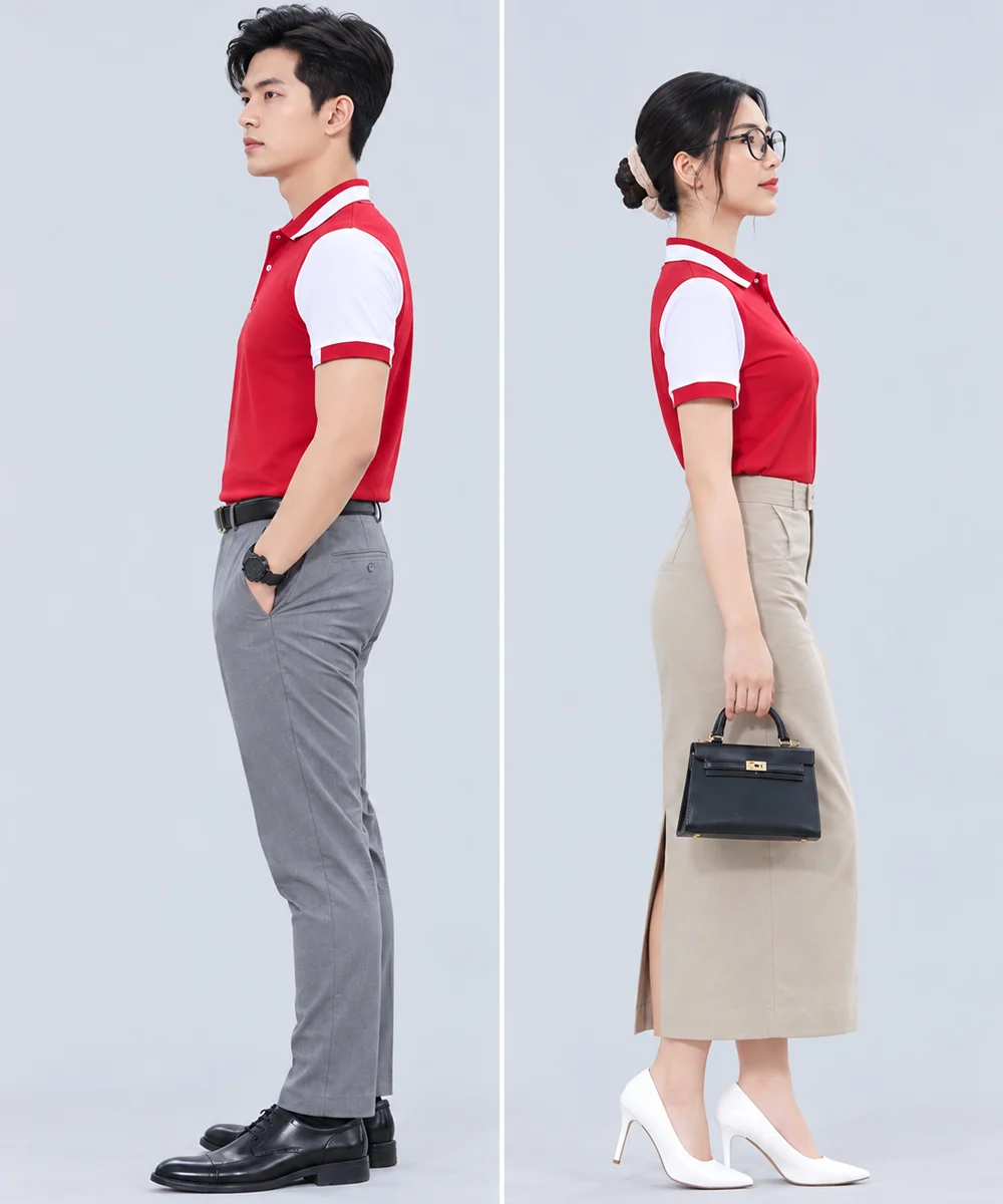 Áo Polo Đồng Phục Màu Đỏ Phối Tay Trắng