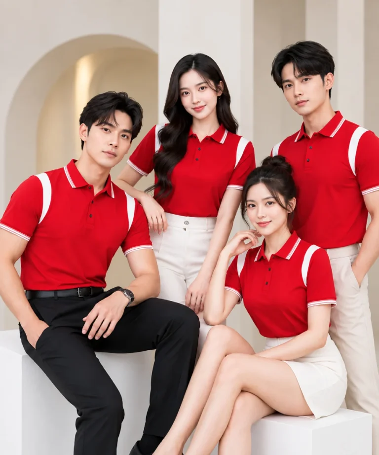 Áo Polo Đồng Phục Màu Đỏ Phối Tay Vai Màu Trắng