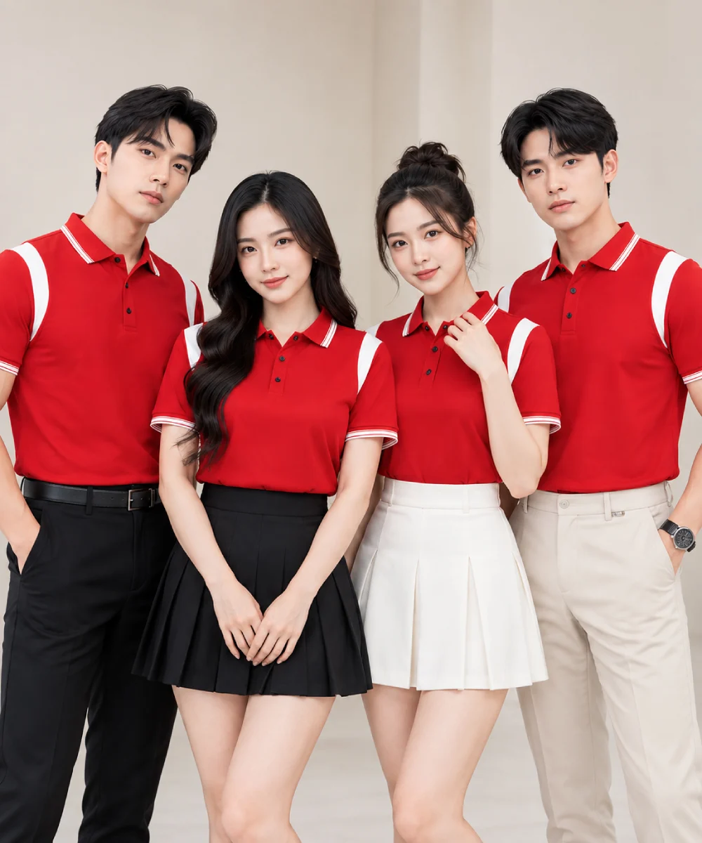 Áo Polo Đồng Phục Màu Đỏ Phối Tay Vai Màu Trắng