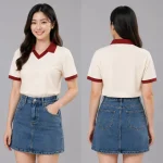 Áo Polo Đồng Phục Màu Kem Cổ Tim Viền Đỏ Mận
