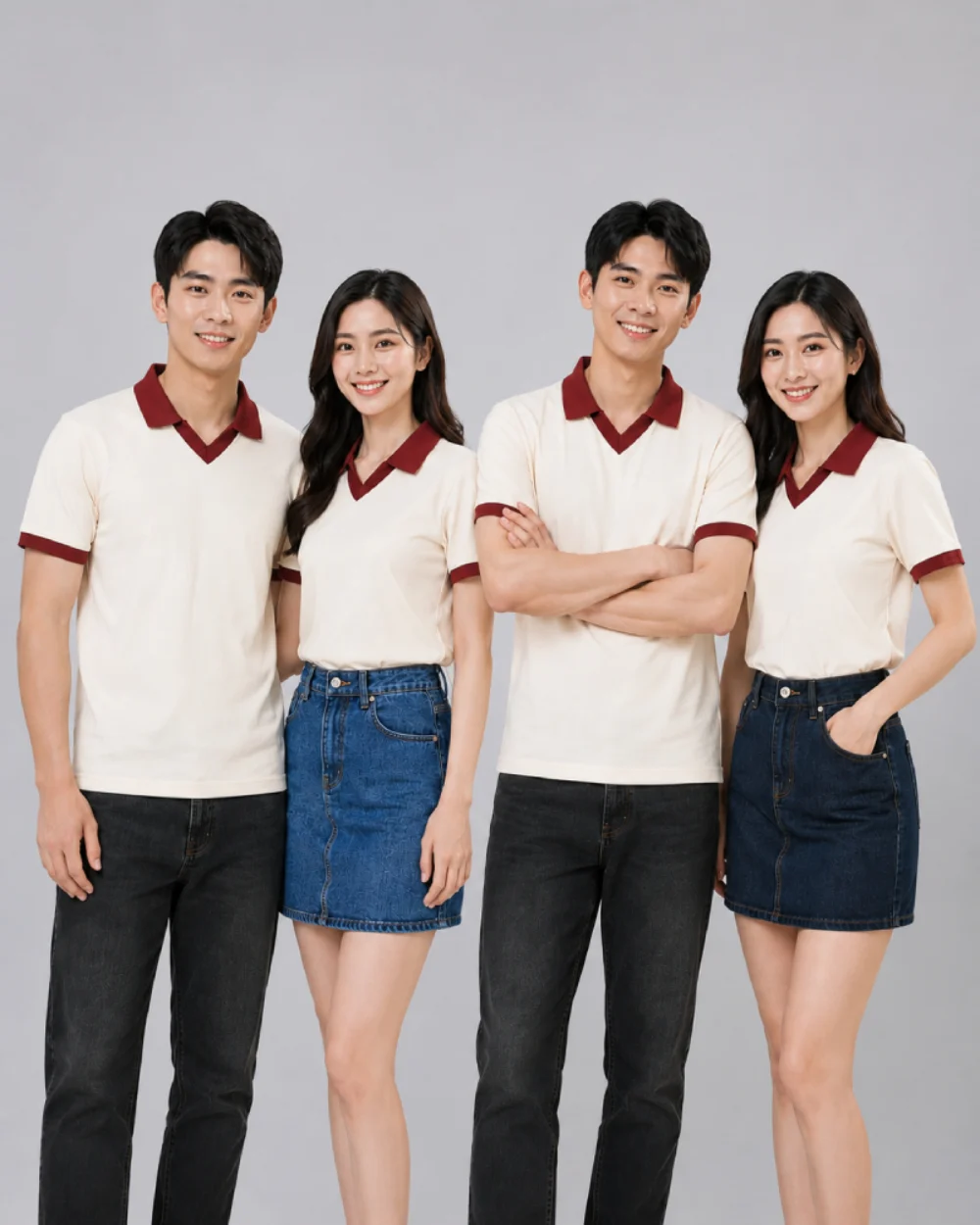 Áo Polo Đồng Phục Màu Kem Cổ Tim Viền Đỏ Mận
