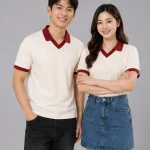Áo Polo Đồng Phục Màu Kem Cổ Tim Viền Đỏ Mận