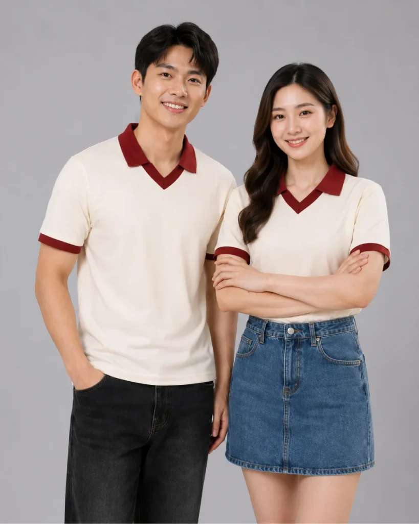 Áo Polo Đồng Phục Màu Kem Cổ Tim Viền Đỏ Mận