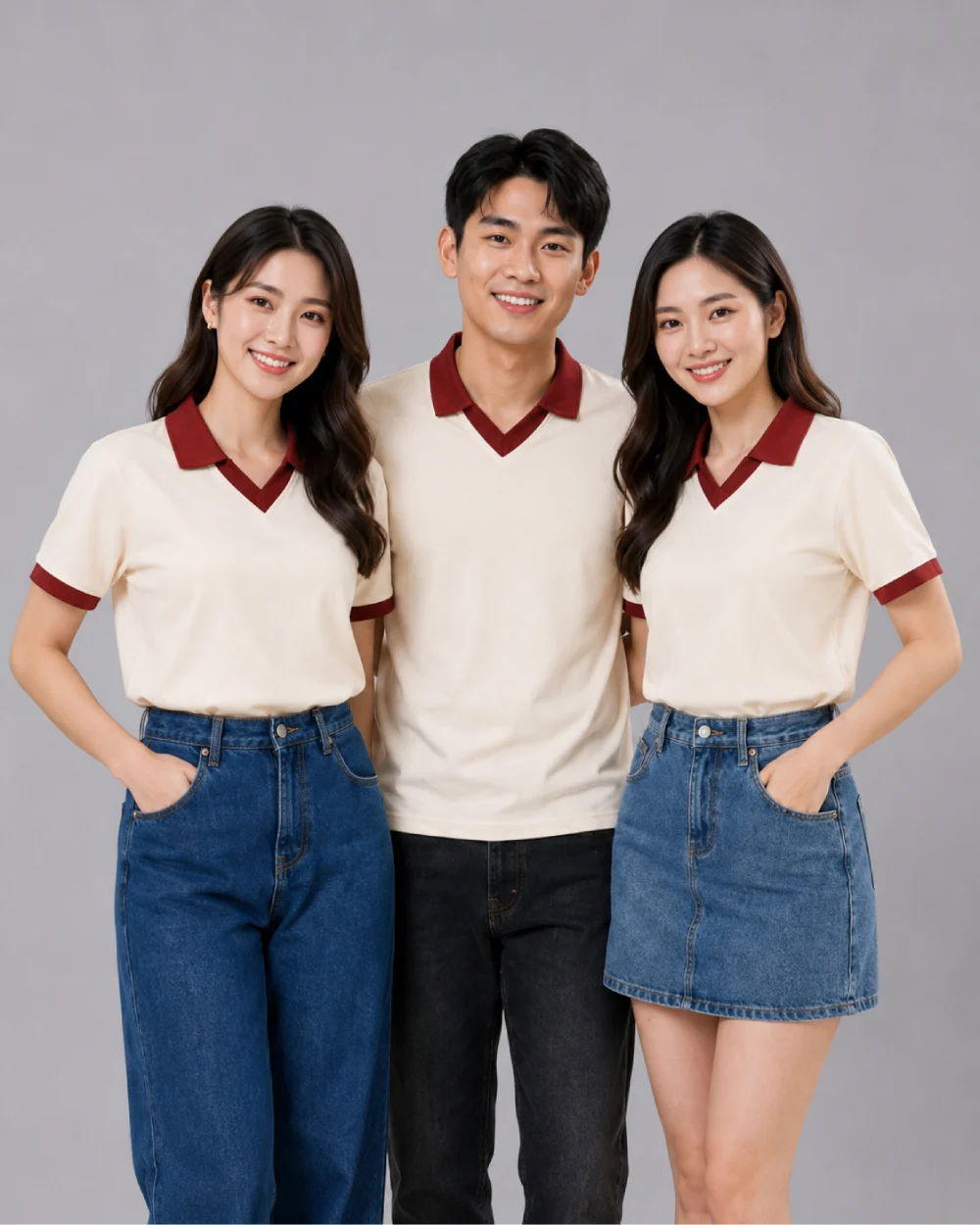 Áo Polo Đồng Phục Màu Kem Cổ Tim Viền Đỏ Mận