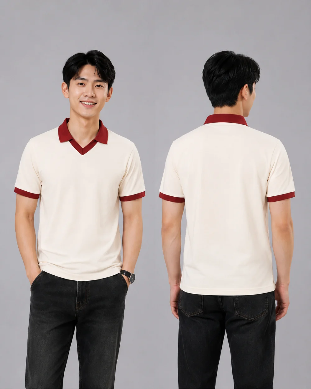 Áo Polo Đồng Phục Màu Kem Cổ Tim Viền Đỏ Mận