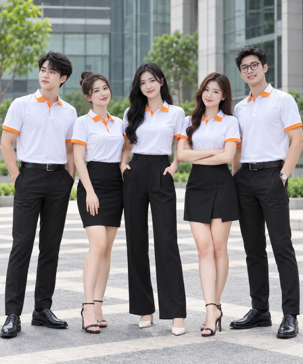 Áo Polo Đồng Phục Màu Trắng Cổ Phối Cam Viền Tay Cam