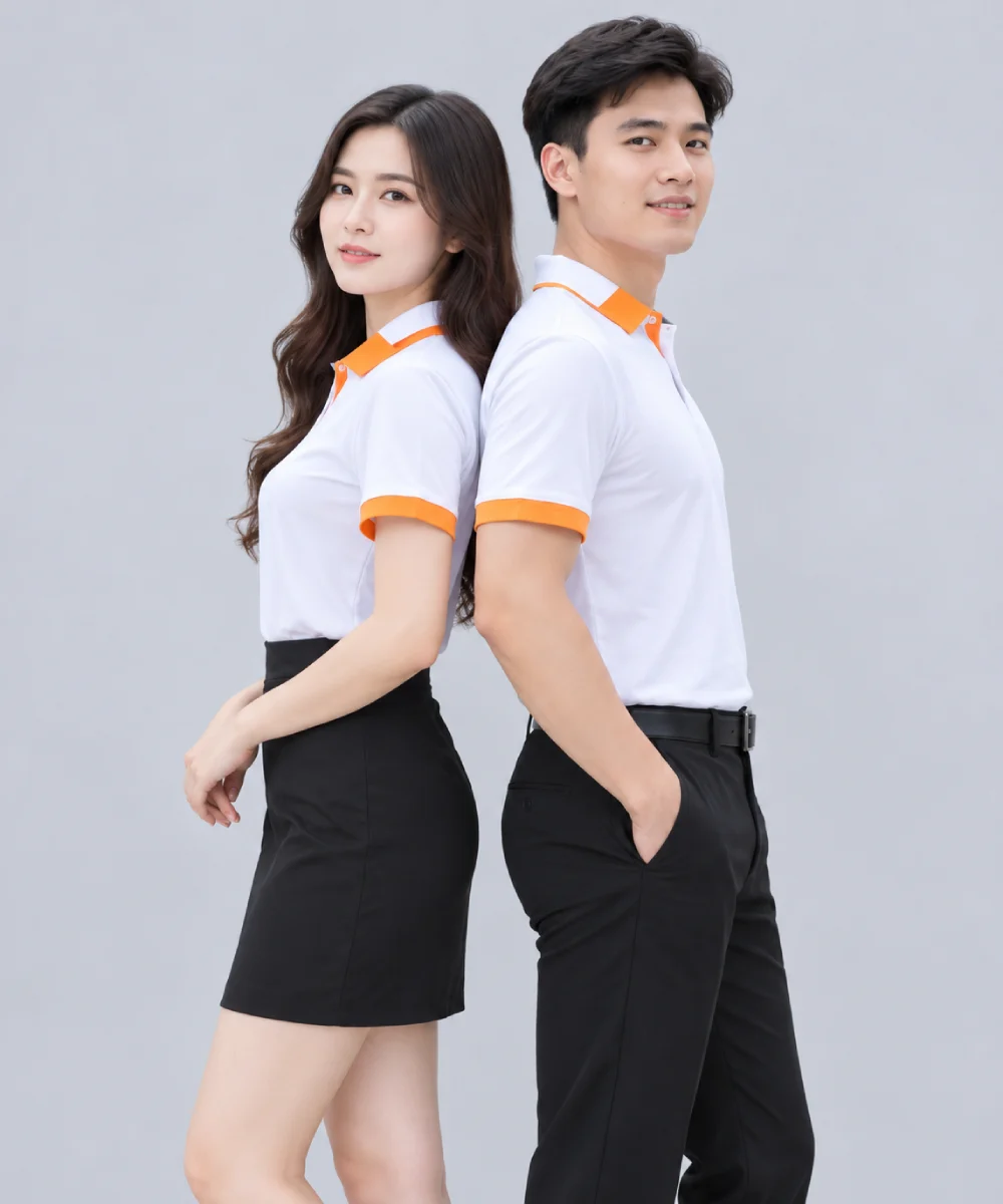 Áo Polo Đồng Phục Màu Trắng Cổ Phối Cam Viền Tay Cam