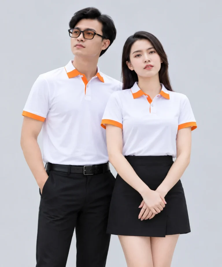 Áo Polo Đồng Phục Màu Trắng Cổ Phối Cam Viền Tay Cam