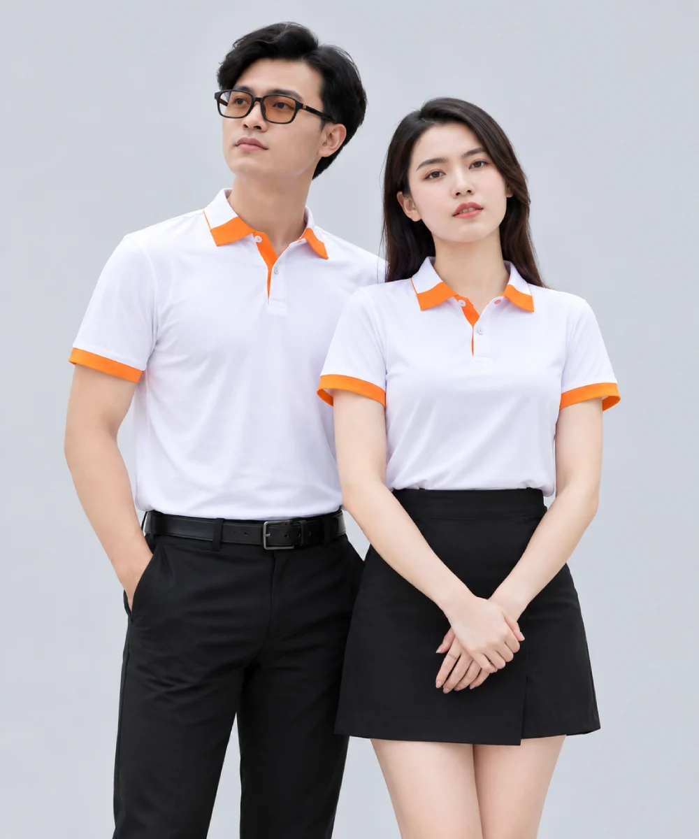 Áo Polo Đồng Phục Màu Trắng Cổ Phối Cam Viền Tay Cam