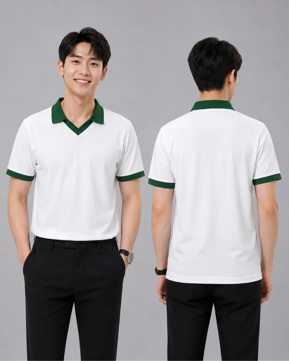 Áo Polo Đồng Phục Màu Trắng Cổ Tim Viền Xanh Lá Cây