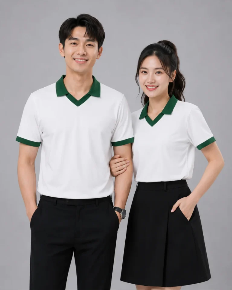 Áo Polo Đồng Phục Màu Trắng Cổ Tim Viền Xanh Lá Cây