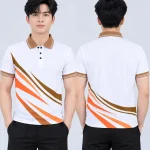 Áo Polo Đồng Phục Màu Trắng In Chuyển Nhiệt Họa Tiết Khối Nâu Cam