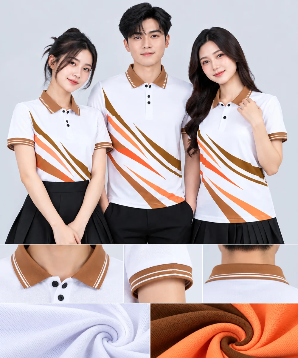 Áo Polo Đồng Phục Màu Trắng In Chuyển Nhiệt Họa Tiết Khối Nâu Cam