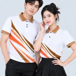 Áo Polo Đồng Phục Màu Trắng In Chuyển Nhiệt Họa Tiết Khối Nâu Cam