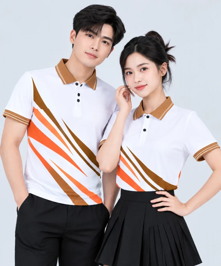 Áo Polo Đồng Phục Màu Trắng In Chuyển Nhiệt Họa Tiết Khối Nâu Cam
