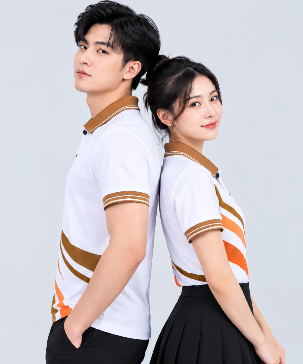 Áo Polo Đồng Phục Màu Trắng In Chuyển Nhiệt Họa Tiết Khối Nâu Cam