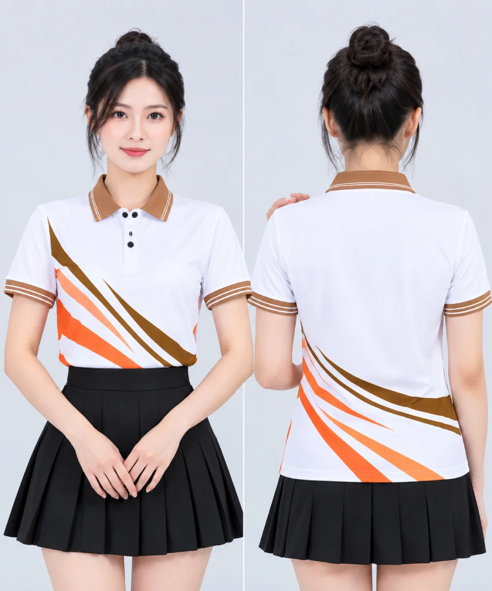 Áo Polo Đồng Phục Màu Trắng In Chuyển Nhiệt Họa Tiết Khối Nâu Cam