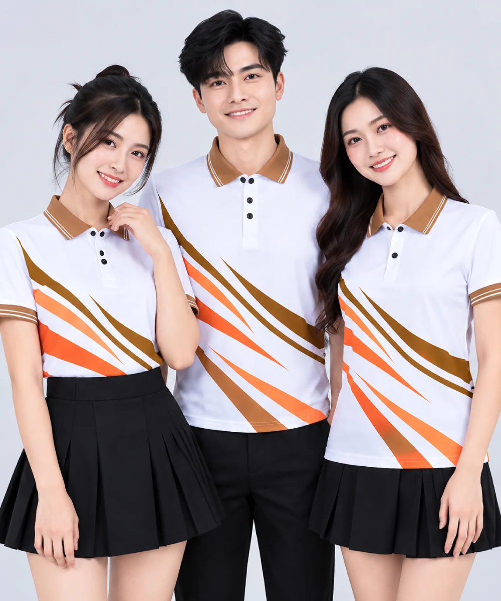 Áo Polo Đồng Phục Màu Trắng In Chuyển Nhiệt Họa Tiết Khối Nâu Cam