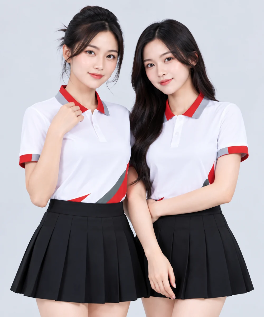 Áo Polo Đồng Phục Màu Trắng In Chuyển Nhiệt Họa Tiết Khối Xám Đỏ