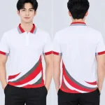 Áo Polo Đồng Phục Màu Trắng In Chuyển Nhiệt Họa Tiết Khối Xám Đỏ