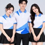 Áo Polo Đồng Phục Màu Trắng In Chuyển Nhiệt Họa Tiết Khối Xanh Dương