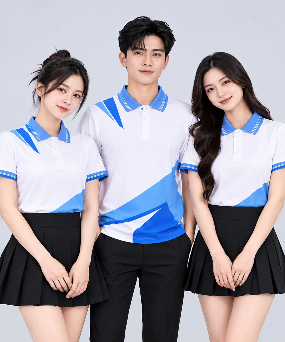 Áo Polo Đồng Phục Màu Trắng In Chuyển Nhiệt Họa Tiết Khối Xanh Dương