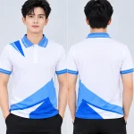 Áo Polo Đồng Phục Màu Trắng In Chuyển Nhiệt Họa Tiết Khối Xanh Dương