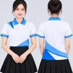 Áo Polo Đồng Phục Màu Trắng In Chuyển Nhiệt Họa Tiết Khối Xanh Dương