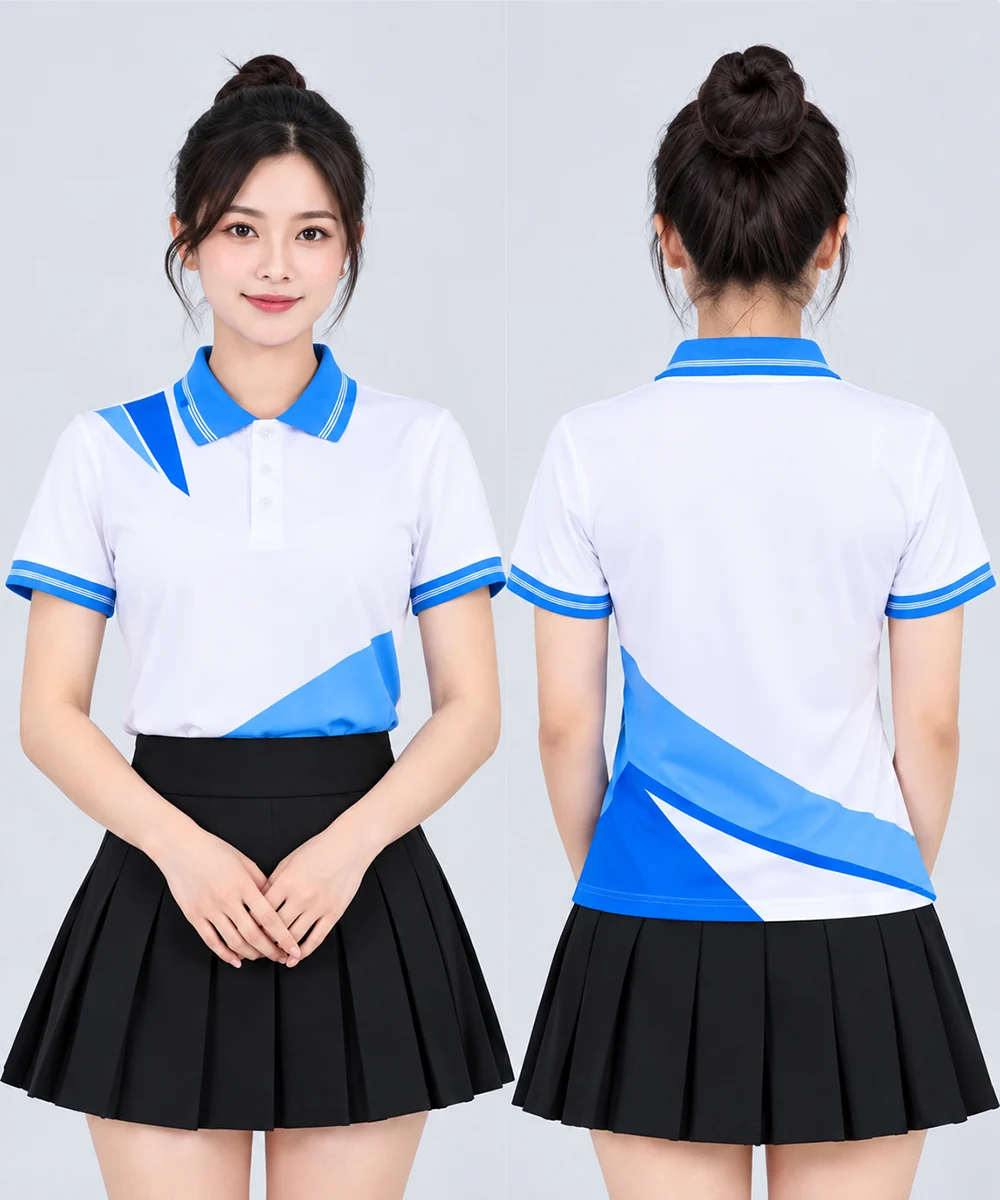 Áo Polo Đồng Phục Màu Trắng In Chuyển Nhiệt Họa Tiết Khối Xanh Dương