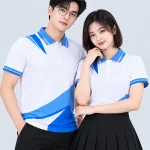 Áo Polo Đồng Phục Màu Trắng In Chuyển Nhiệt Họa Tiết Khối Xanh Dương