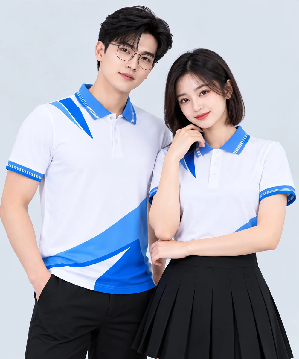 Áo Polo Đồng Phục Màu Trắng In Chuyển Nhiệt Họa Tiết Khối Xanh Dương
