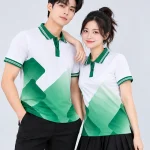 Áo Polo Đồng Phục Màu Trắng In Chuyển Nhiệt Họa Tiết Khối Xanh Lá