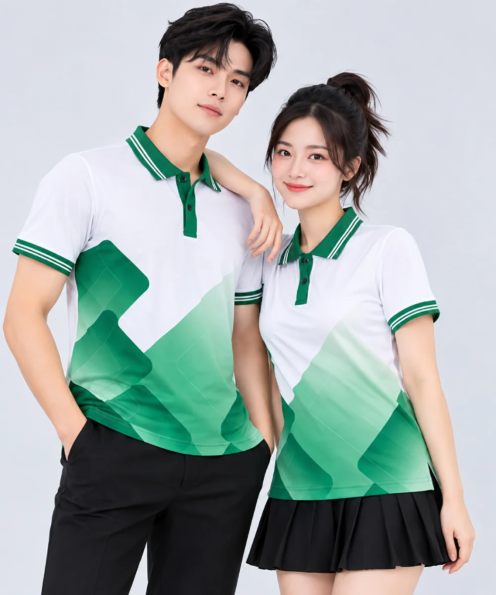 Áo Polo Đồng Phục Màu Trắng In Chuyển Nhiệt Họa Tiết Khối Xanh Lá