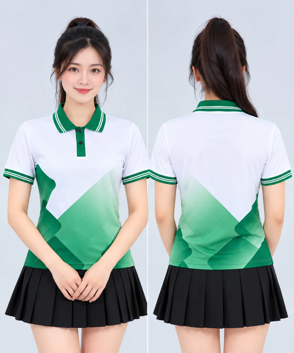 Áo Polo Đồng Phục Màu Trắng In Chuyển Nhiệt Họa Tiết Khối Xanh Lá