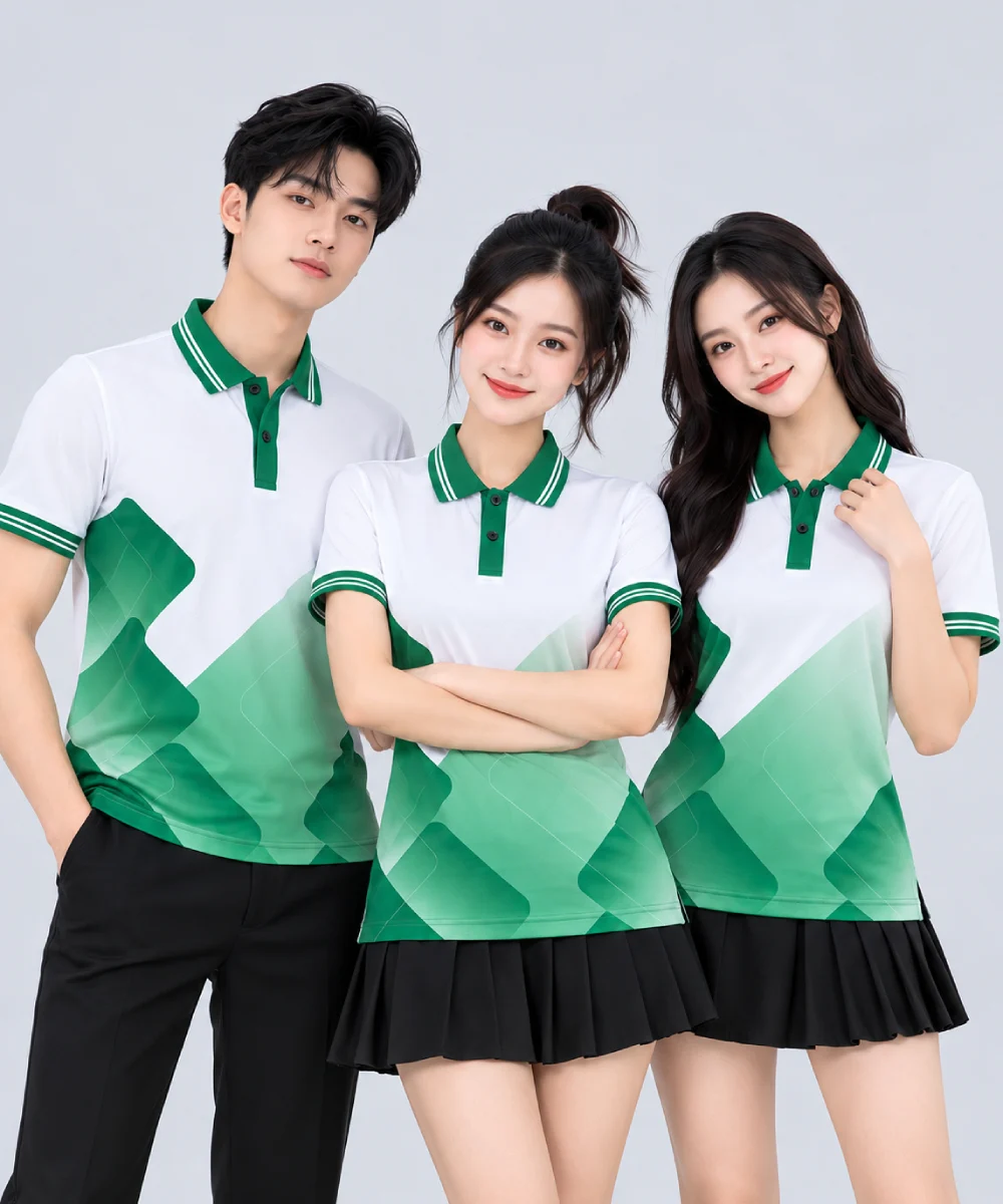 Áo Polo Đồng Phục Màu Trắng In Chuyển Nhiệt Họa Tiết Khối Xanh Lá