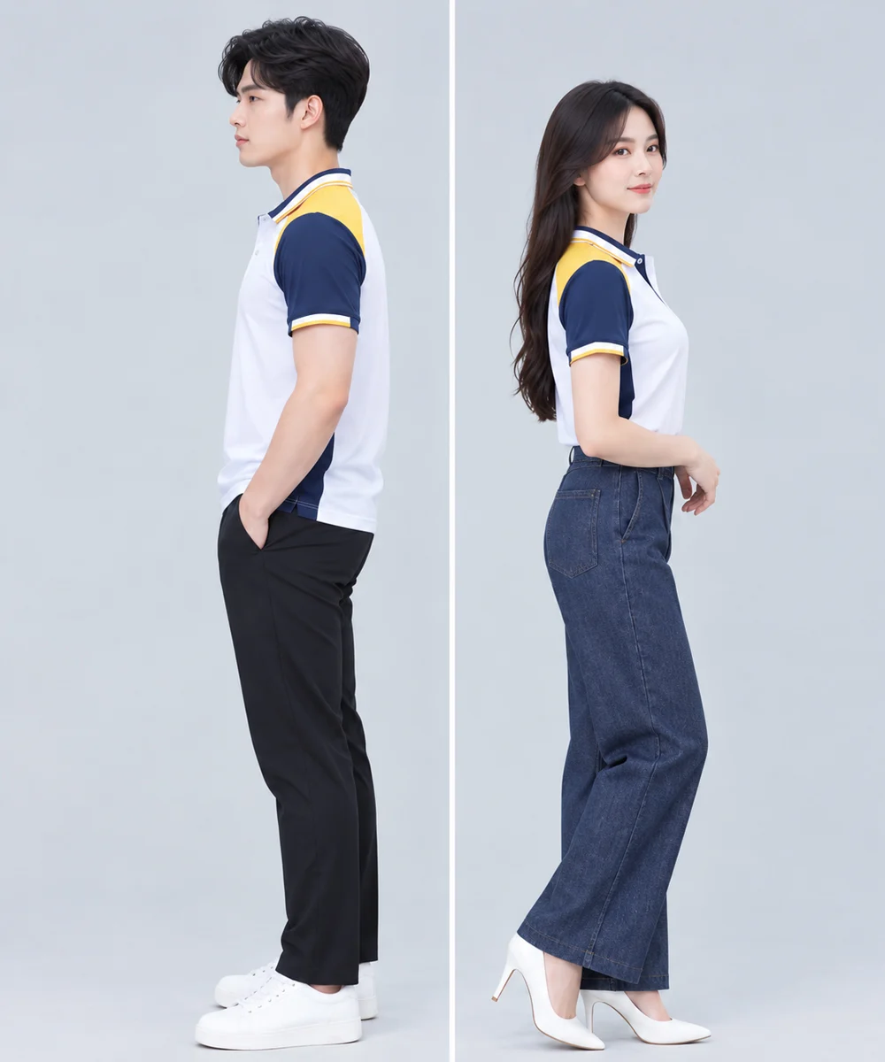 Áo Polo Đồng Phục Màu Trắng Phối Tay Xanh Navy Cầu Vai Vàng