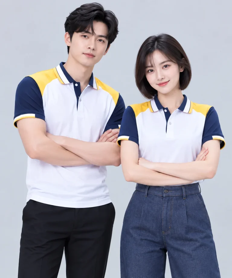 Áo Polo Đồng Phục Màu Trắng Phối Tay Xanh Navy Cầu Vai Vàng