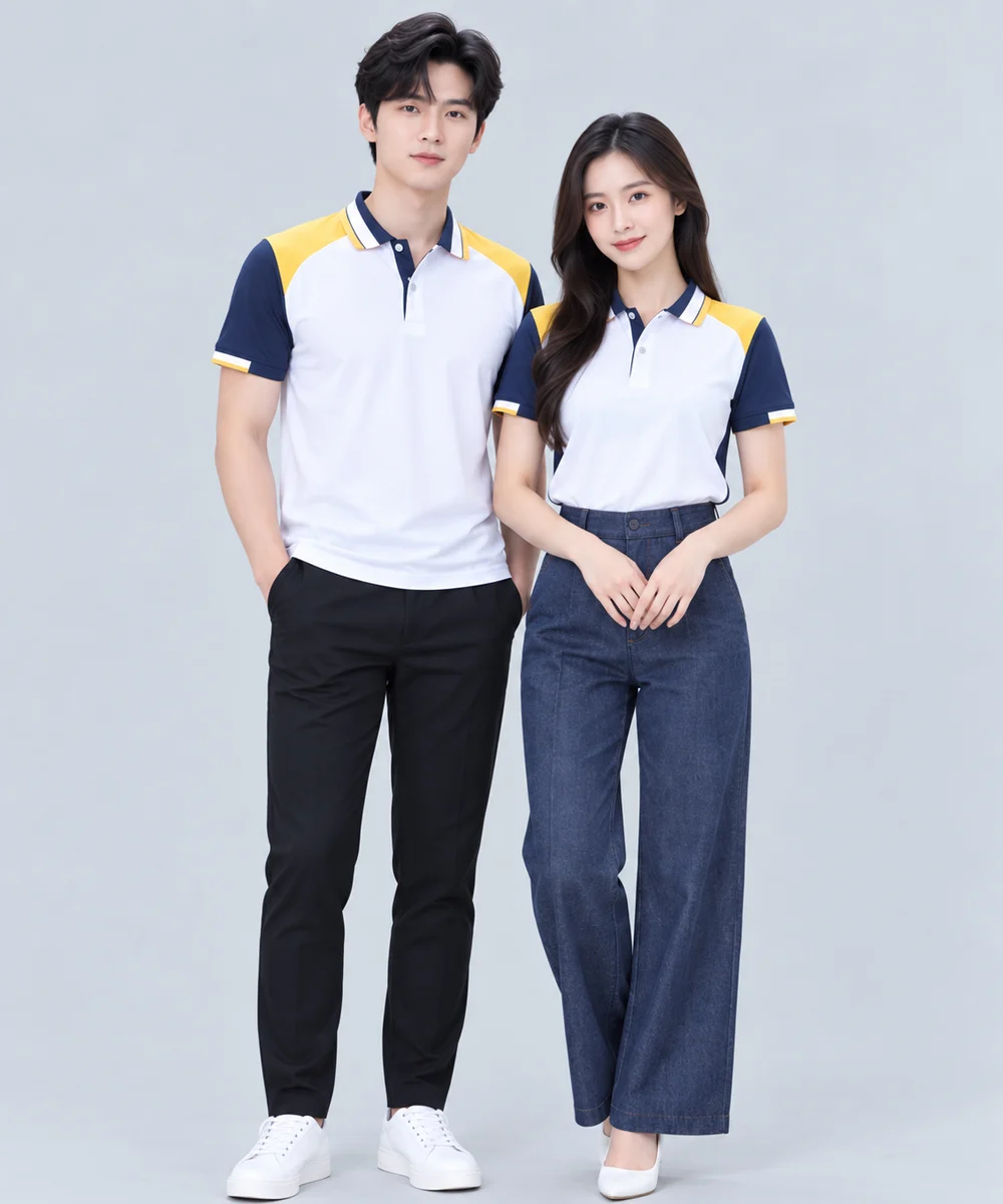 Áo Polo Đồng Phục Màu Trắng Phối Tay Xanh Navy Cầu Vai Vàng