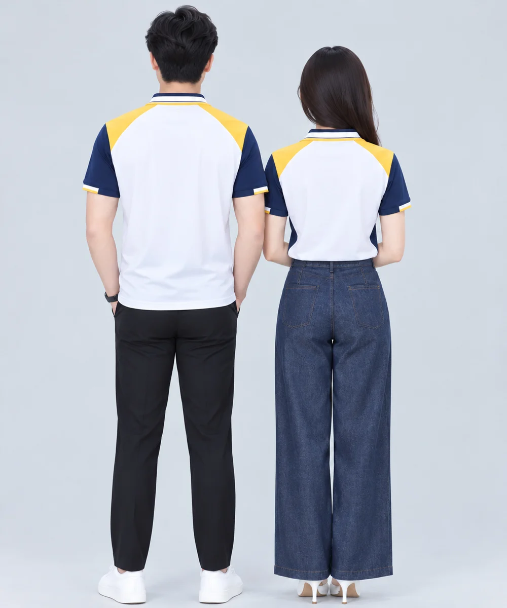 Áo Polo Đồng Phục Màu Trắng Phối Tay Xanh Navy Cầu Vai Vàng