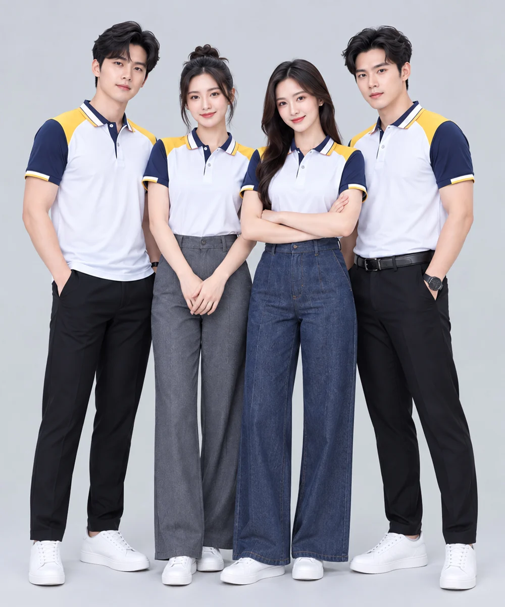 Áo Polo Đồng Phục Màu Trắng Phối Tay Xanh Navy Cầu Vai Vàng