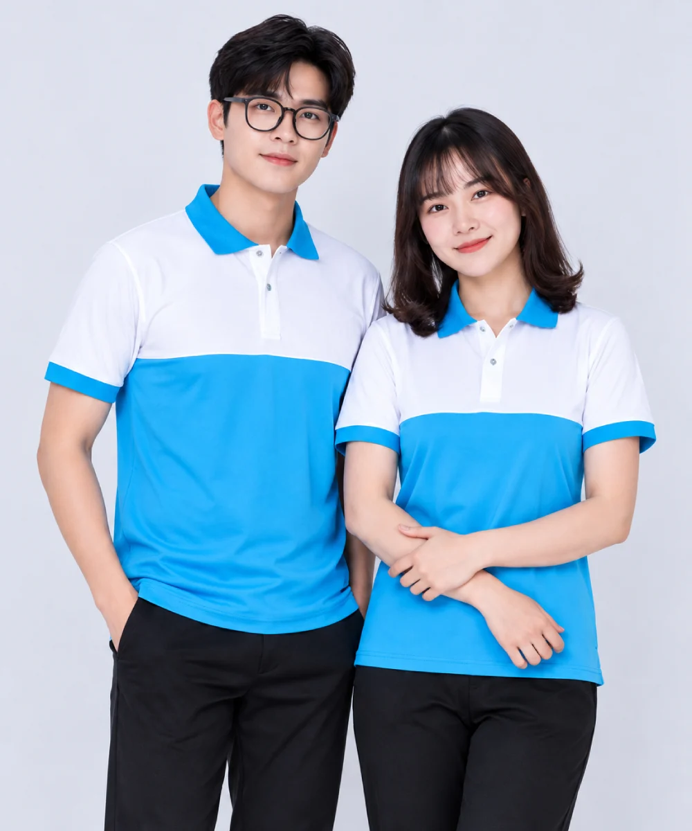 Áo Polo Đồng Phục Màu Trắng Phối Xanh Cyan