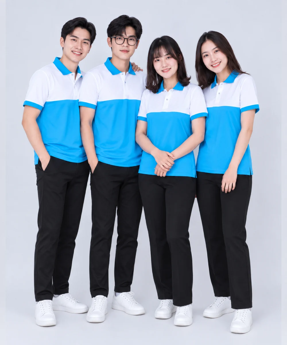 Áo Polo Đồng Phục Màu Trắng Phối Xanh Cyan