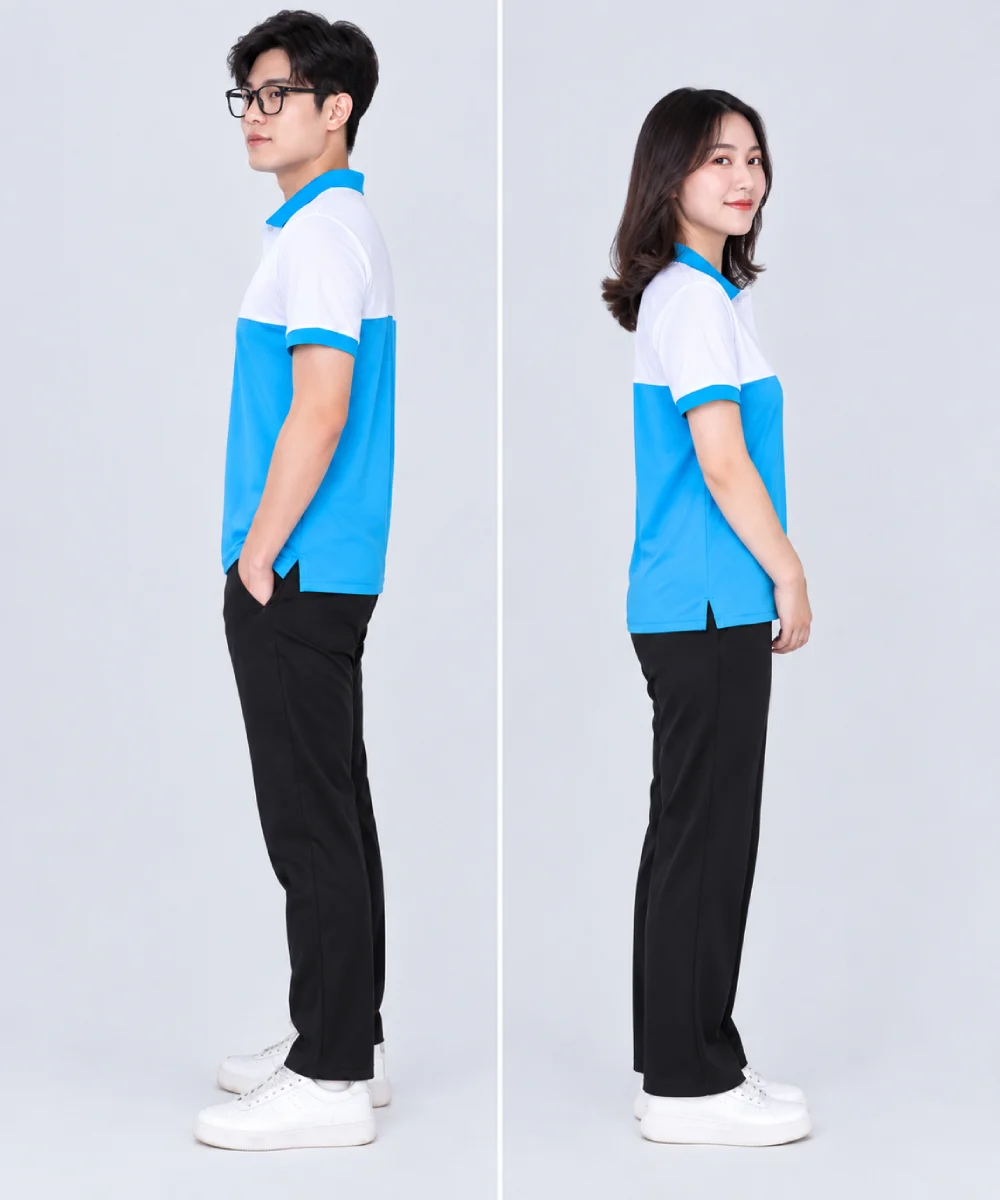 Áo Polo Đồng Phục Màu Trắng Phối Xanh Cyan