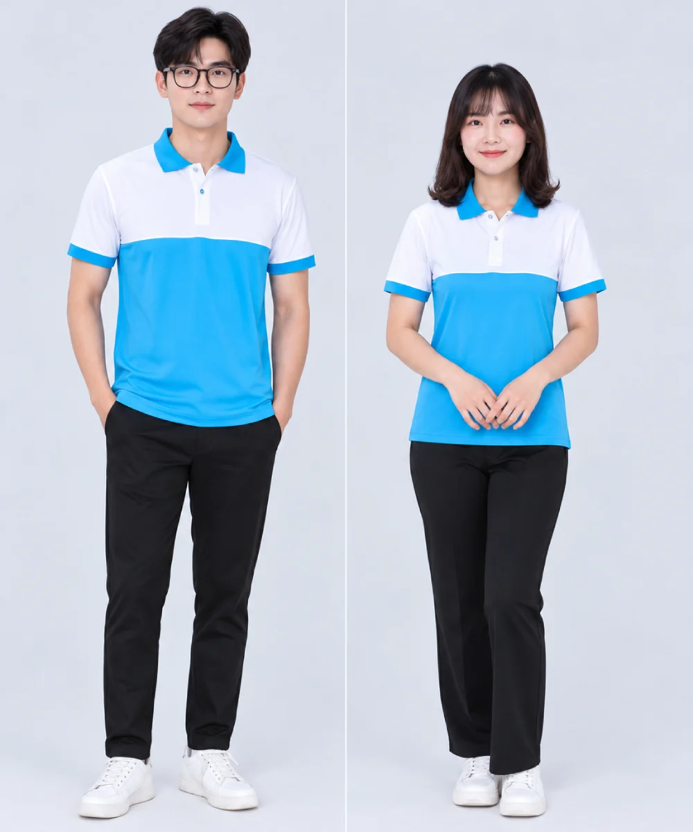 Áo Polo Đồng Phục Màu Trắng Phối Xanh Cyan